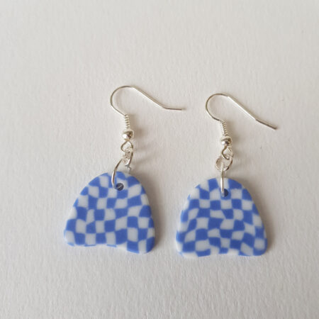 Boucles d'oreilles, Crochet B dôme, Carreaux, bleu